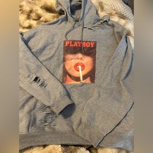 Gray Distressed Graphic Playboy Sweatshirt